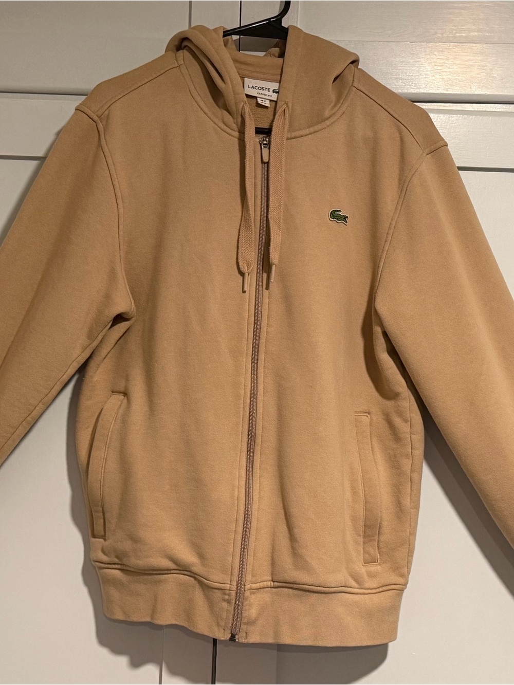 Lacoste Men’s M Hooded Full-Zip Jacket in Camel Tan.